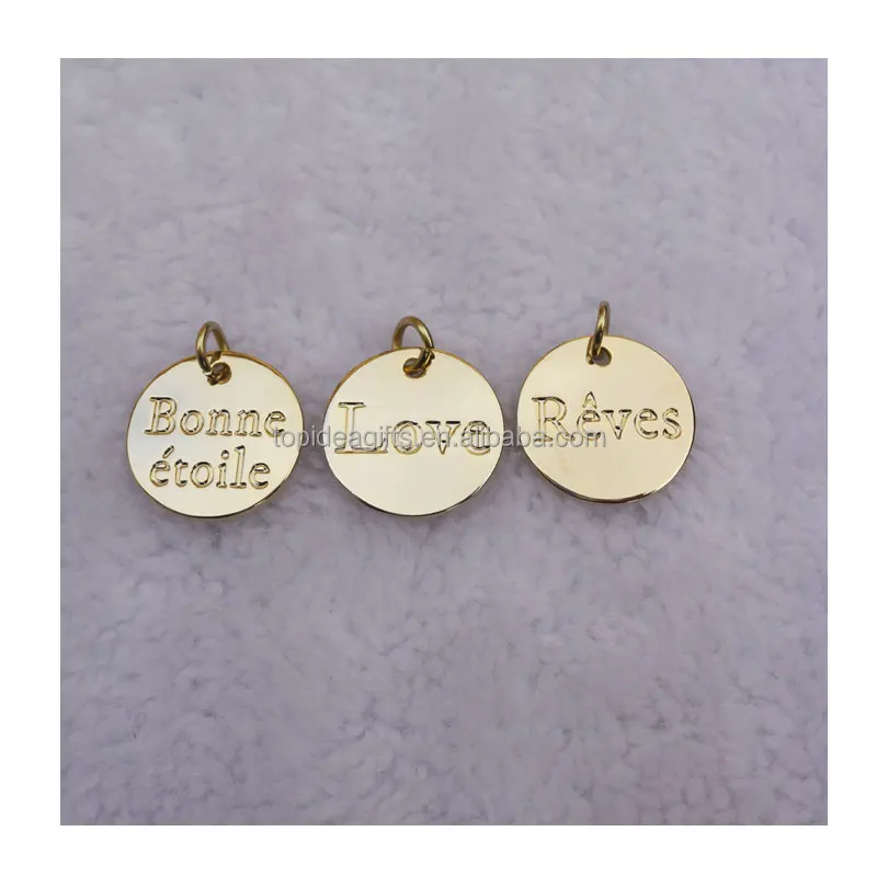 Solid 10mm Circle Shape Metal Jewelry Bracelet Tags With Logo Engraved Real Gold Discs