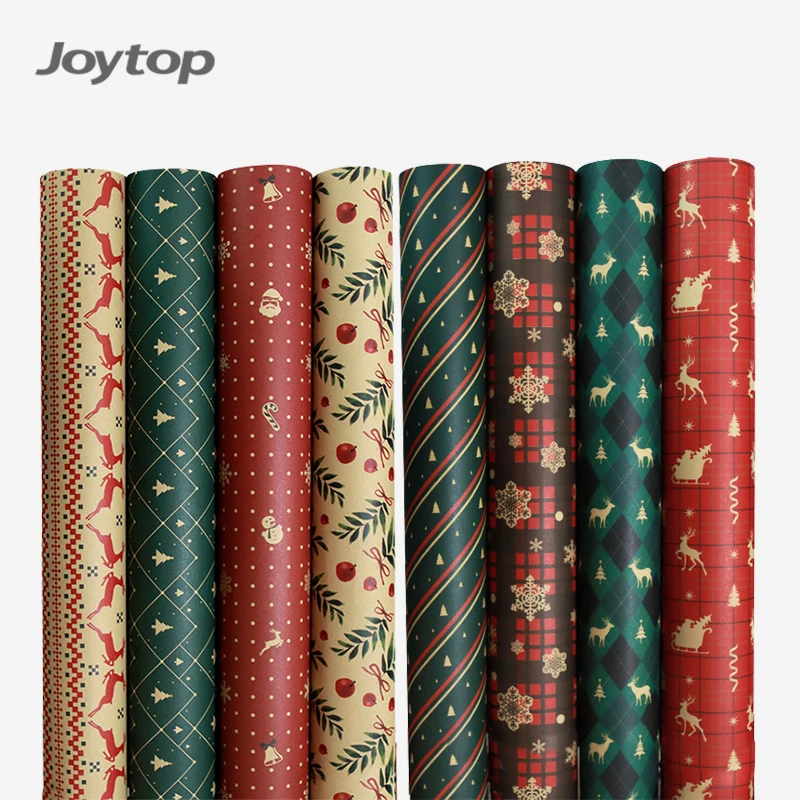 Joytop Wholesale 16 Designs 100gsm Elk Snowflake Snowman Green Tree Merry Christmas Craft Paper Gift Wrapping Paper Packing