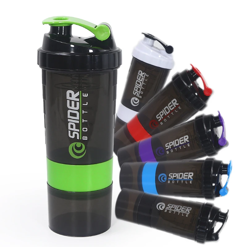 Custom Logo Bpa Free 500ml Black Three Layers Plastic Gym Fitness Protein Shaker Bottle Sport Gym Water Bottle with Tick Marker