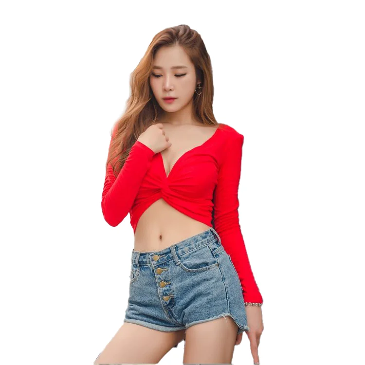 
High Quality New Sexy Deep V Neck Long Sleeve Female Tops And Summer T-Shirt 