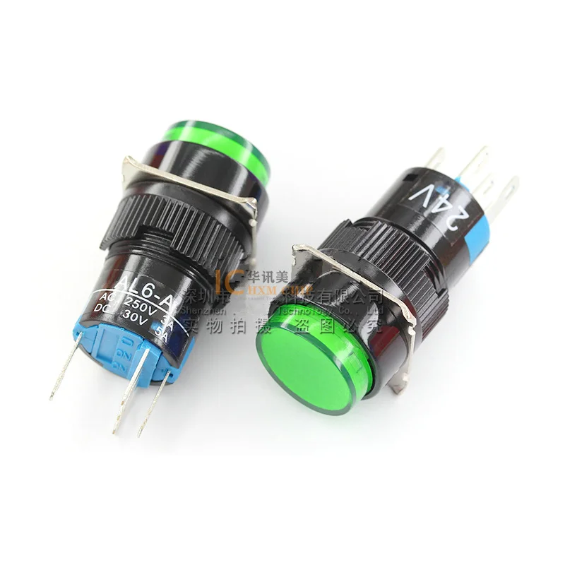 Button switch AL6/AB6-A  AL6/AB6-M point automatic reset/self-locking round 16MM Green Color 5pin Have Lock Have Light 24V