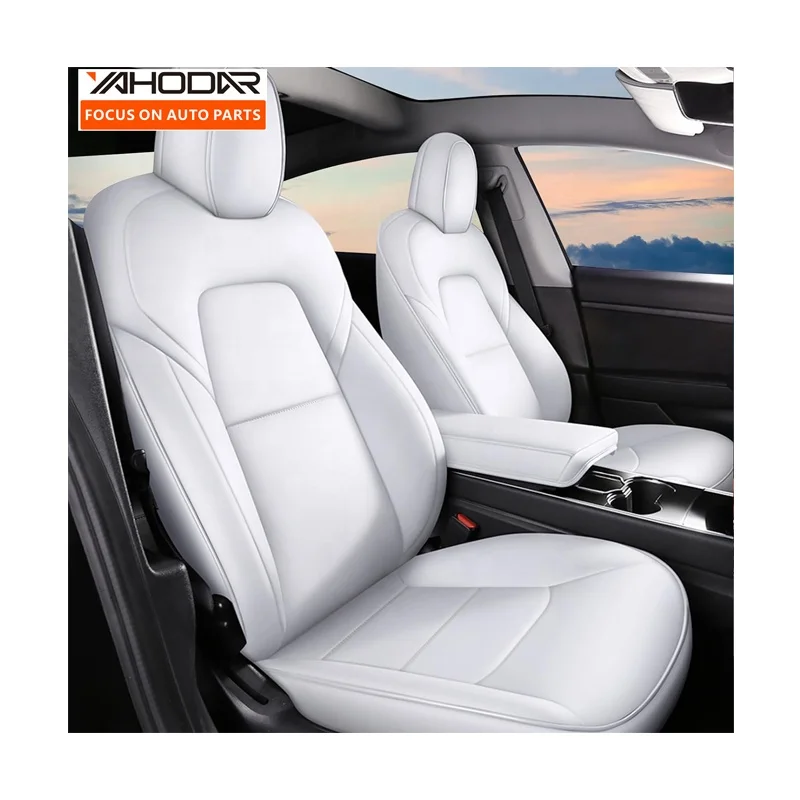 Car Seats Covers Sets Waterproof PU Nappa Leather Seat Covers White For Tesla Model 3 Model Y Seat Cushions Cover Full Set