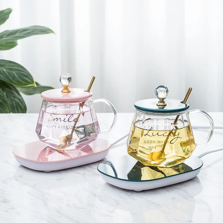 Factory Hot Selling Electric Charging Cup Warmer Temperature Control 55 Degrees Heated Coffee Diamonds Glass Cup Mug