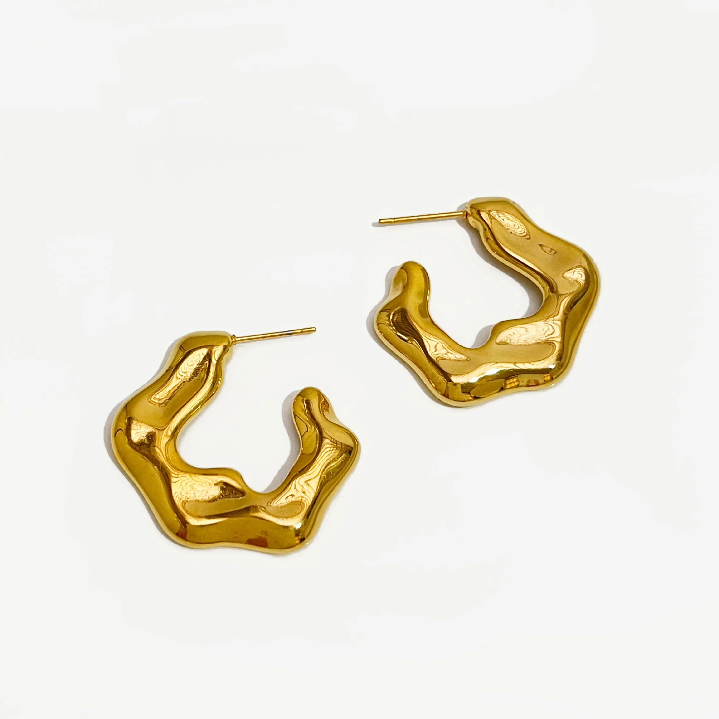 Statement 18K Real Gold Plated Chunky Big Irregular C Shape Hoop Earring Women Stainless Steel Open Waterproof Jewelry Wholesale