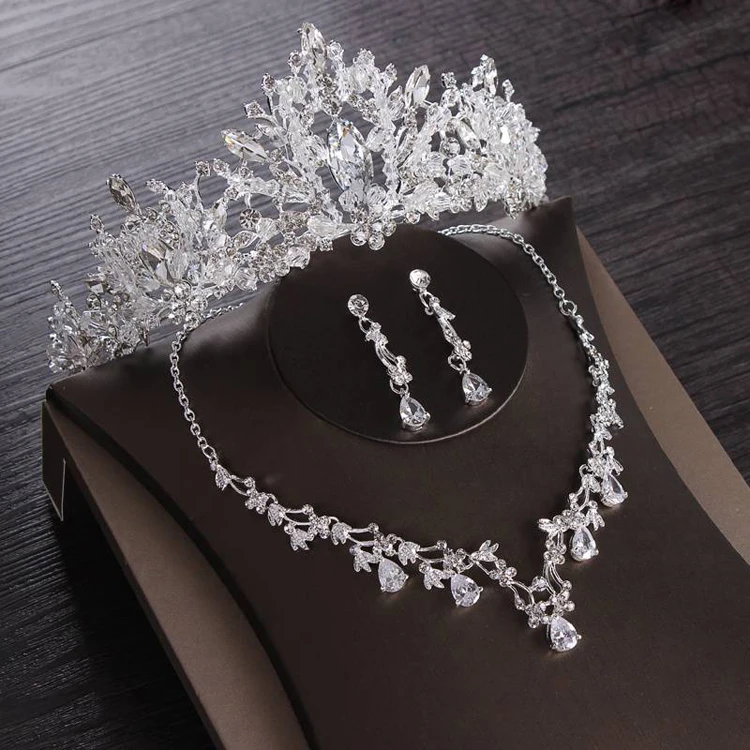 High-end super flash bridal wedding crown necklace earrings set handmade rhinestone tiara crown