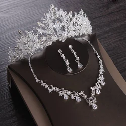 High-end super flash bridal wedding crown necklace earrings set handmade rhinestone tiara crown