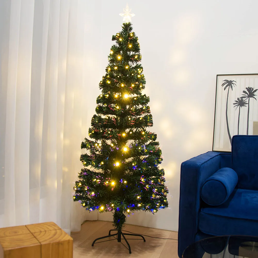 Fiber Optic Artificial Spruce Hinged Christmas Tree with Lights and Foldable Metal Stand for Home Office Party Decoration