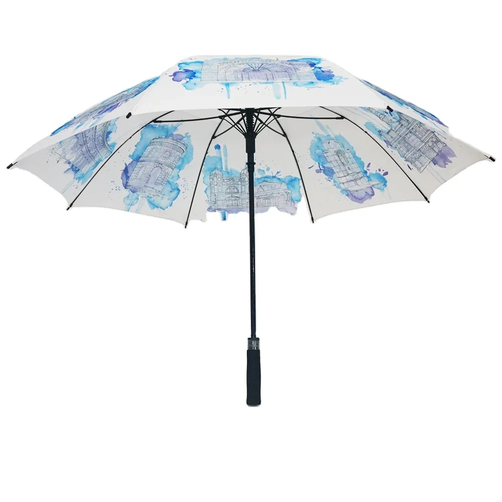 Manufacturer Double Layer 27 Inch Large Windproof Logo Prints Architectural Style Ventilate Branded Custom Golf Umbrella