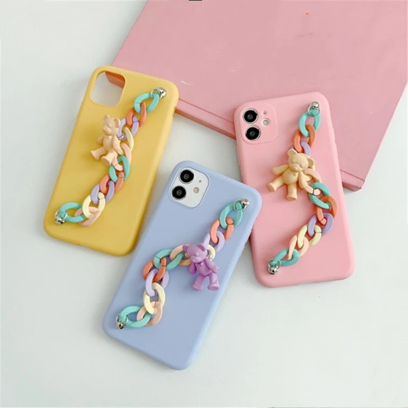 Luxury Bear Cute Girl Phone Cases For iPhone 13 12 11 Pro Max Case With Bracelets For iPhone 13 Case With Chain Bear Waist Strap