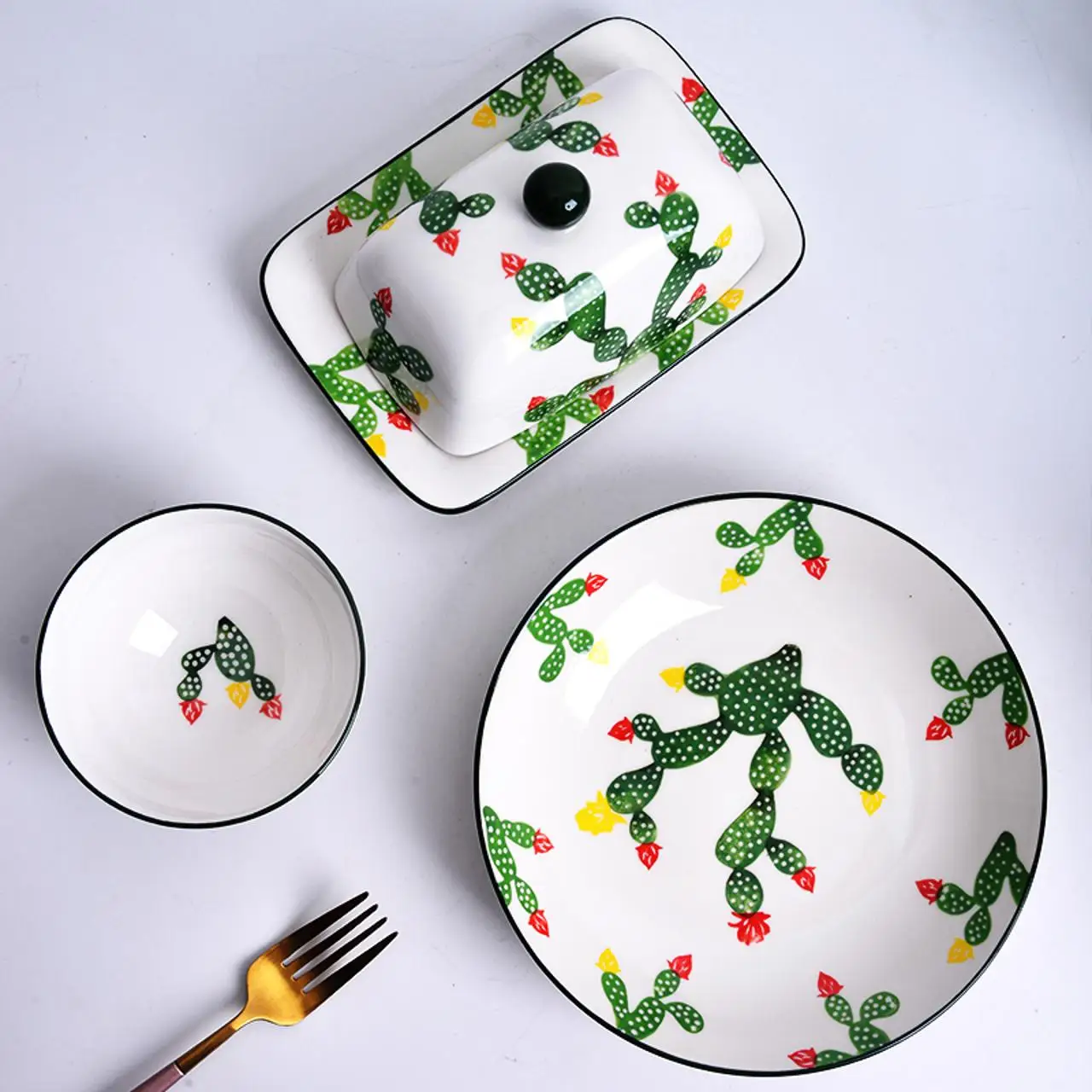 Wholesale cheap cactus pattern glazed ceramic candy sugar pot creamer pots with spoon