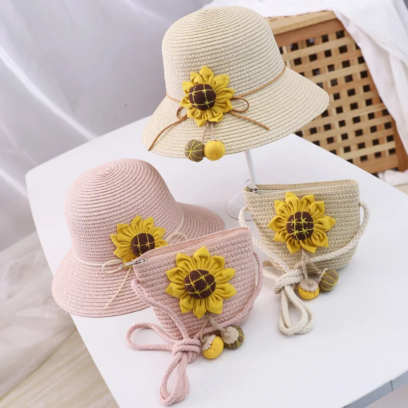 Kids Cute 2 pcs Set Sunflower Decorate Lovely Straw Hat & Bag