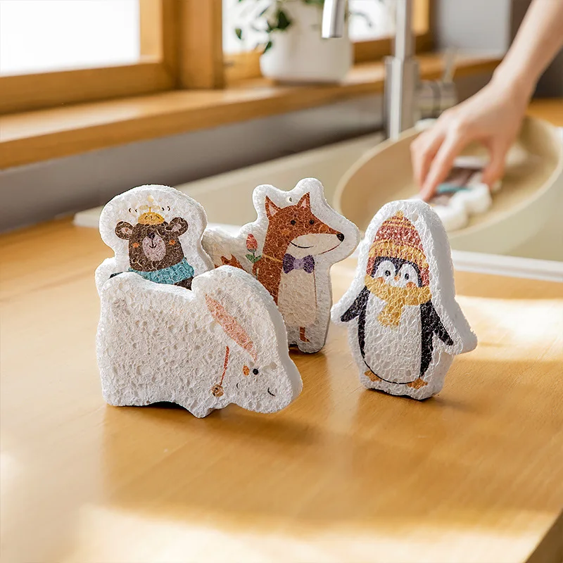 Compressed Wood Pulp Cotton Cartoon Sponge Dishwashing Sponge Absorbent Non-Stick Natural Wood Pulp Sponge Magic