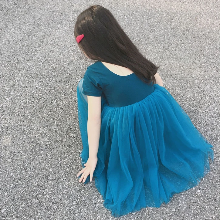 Baby Toddler Kids Girl Short Sleeve Tutu Navy Blue Backless Dress Fluffy Tulle Girls Dresses Princess Party Fashion Clothes