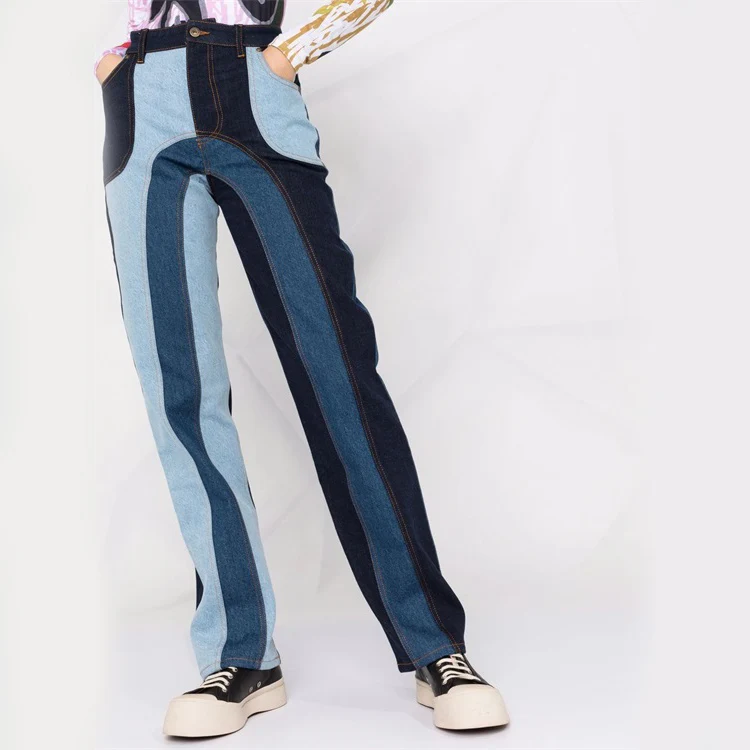DiZNEW	OEM patched denim colorful color block slim fit women patchwork denim jeans