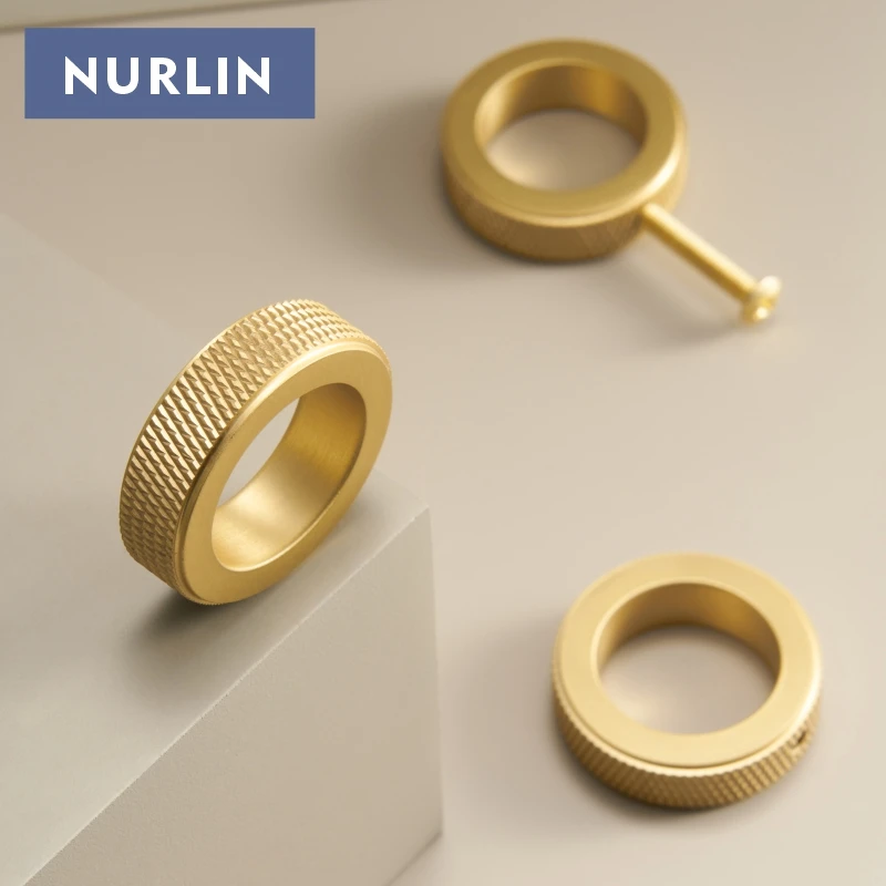 Nurlin Solid Brass Diamond-cut Cross Knurled Circular Ring Cabinet Wardrobe Knobs Furniture Drawer Finger Ring Handle Knurling
