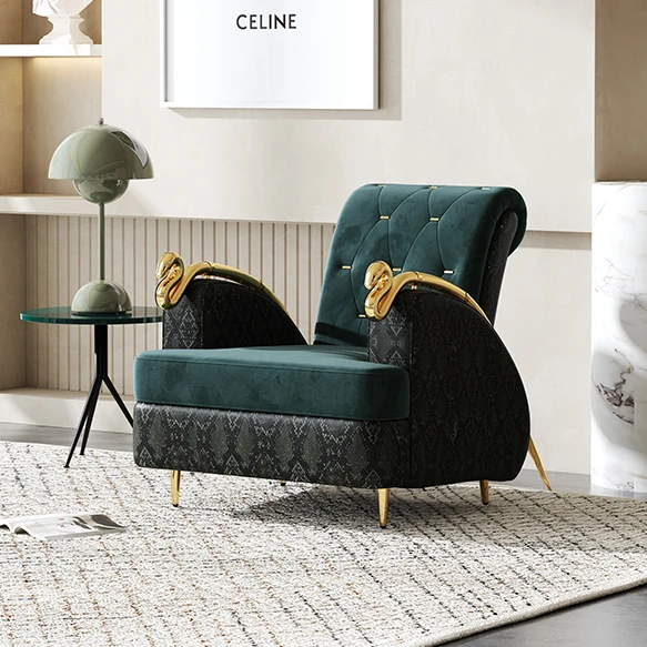 Midcentury single green velvet lounge chair for living room lounge metal leg armrest chair