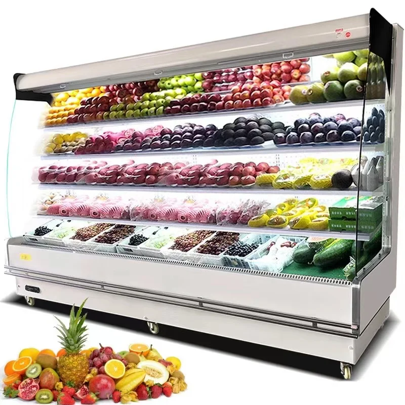 Custom size Commercial Supermarket Refrigerator Plug-in fruit display fridge vegetable refrigerated showcase with sprayer