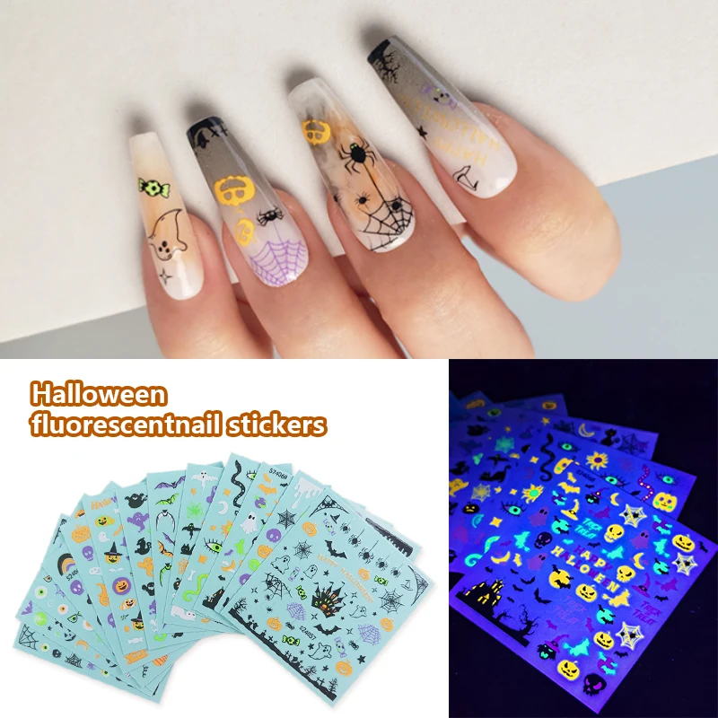 13 Sheets Neon Fluorescent Halloween Nail Art Stickers Self Adhesive Fantasy Cartoon Nail Stickers for Girls Party DIY Deco