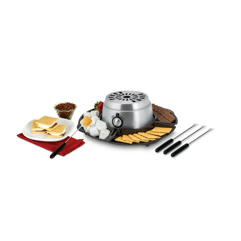 Indoor Electric Stainless Steel Smores Maker with 4 Lazy Susan Compartment Trays for Graham Crackers Chocolate Marshmallows