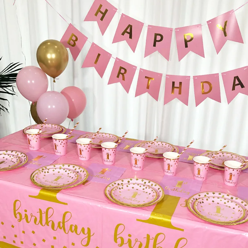 Розовый и золотой набор принадлежностей для 1-го дня рождения, тарелки, салфетки, чашки, набор посуды для девочки, для будущей мамы