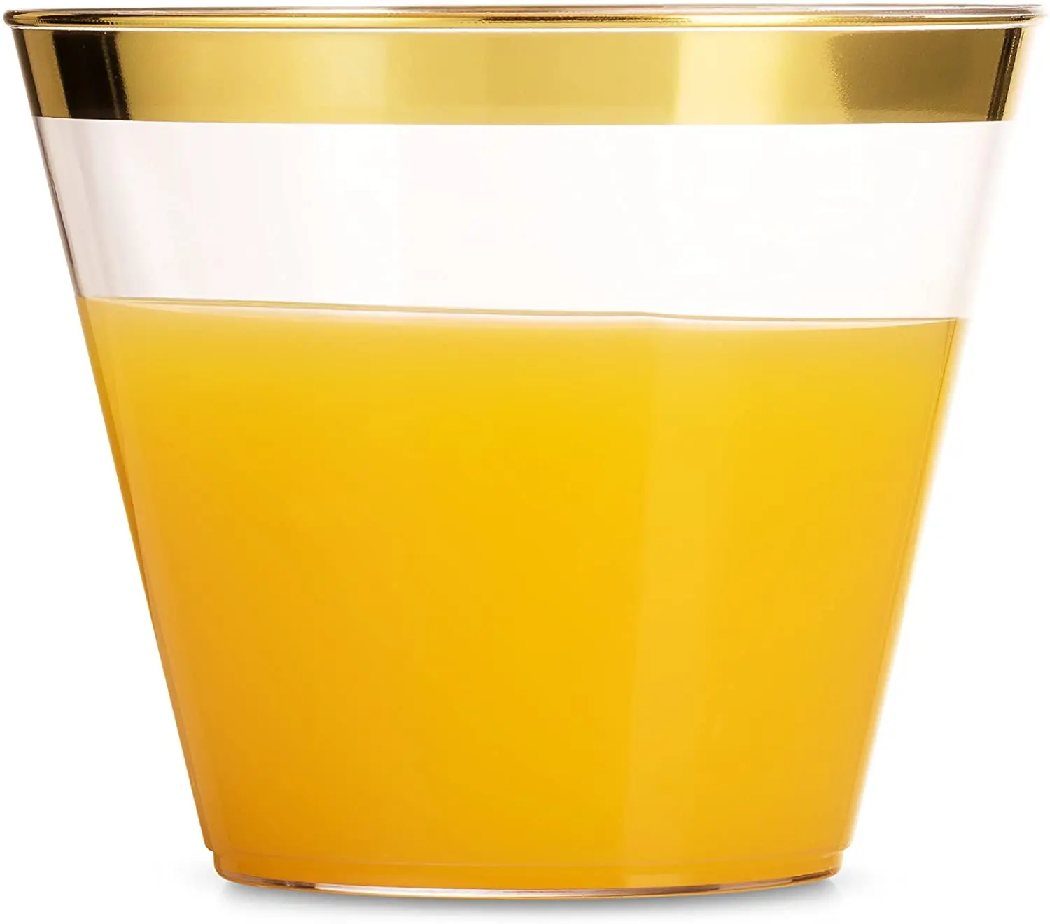 Factory supply Fancy Gold Rim 9 10 12  14 16 oz Clear Rose Rimmed PS Disposable Plastic Cups for Wedding Party