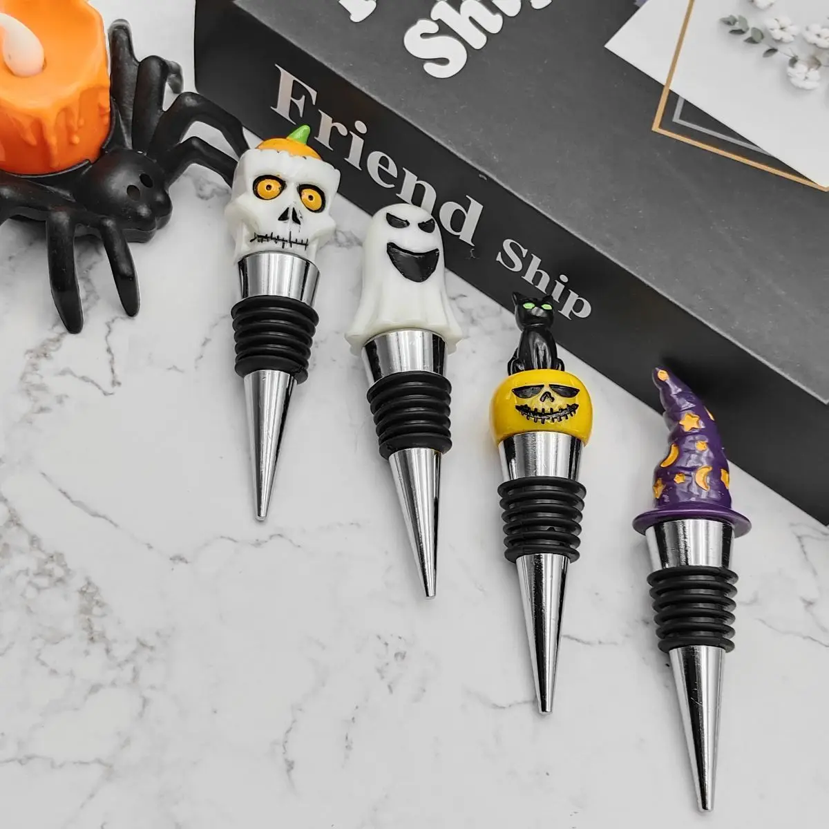 Set Of 4 Halloween Theme Wine Bottle Stoppers Resin Universal Leakproof Vacuum Plug Plug Round Tapered Style