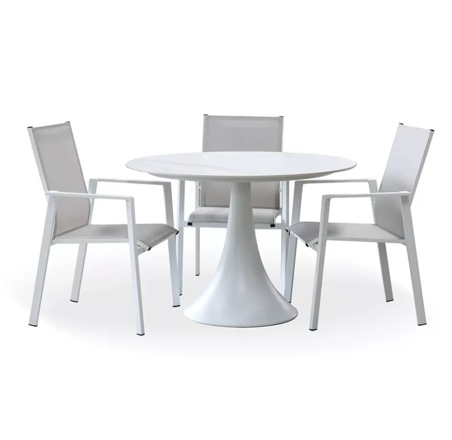 Factory supply aluminum frame sintered stone top round orbit dining table chairs set