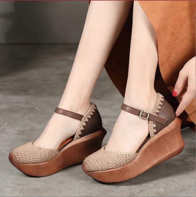 2022 new hand knitted leather wedge heel platform women shoes