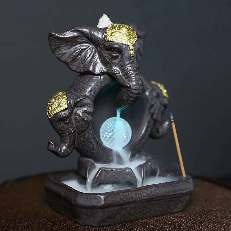 LED Crystal Ceramic Ganesh Pikanet Backflow Incense Burner Elephant Aroma Censer
