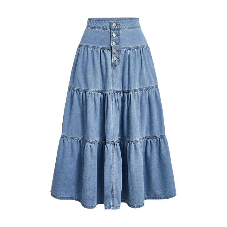 Custom high waist buttons up ankle length light blue washed denim lotus long maxi skirt for women