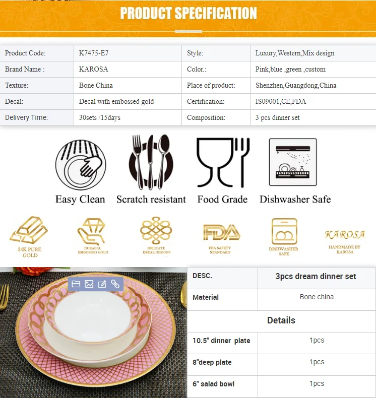 3-Piece Pink Bone China Porcelain Dinnerware Set with Gold Rim Classic Design Girlhood Dream Dishes for Girls