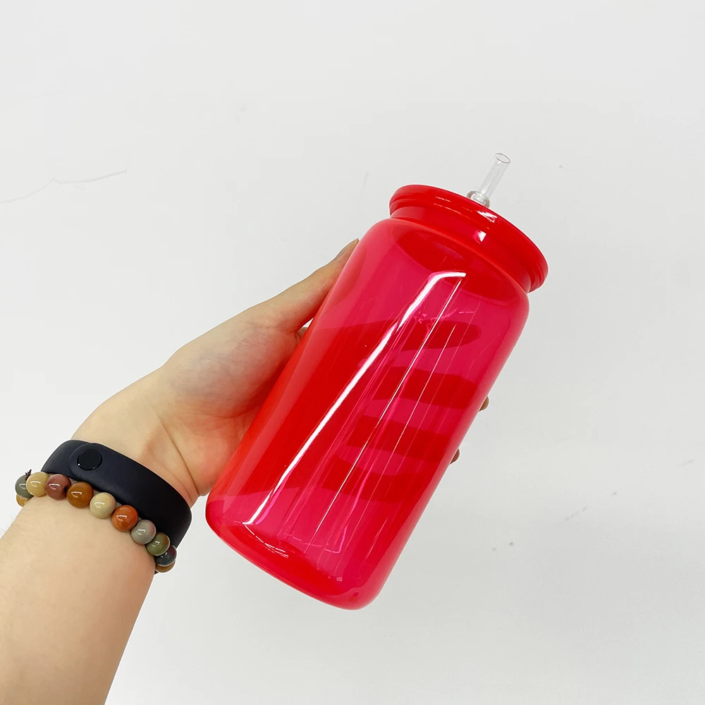 US warehouse Unbreakable clear transparent neon cold drink beer mug 16oz plastic acrylic can with straw for UV DTF transfer wrap