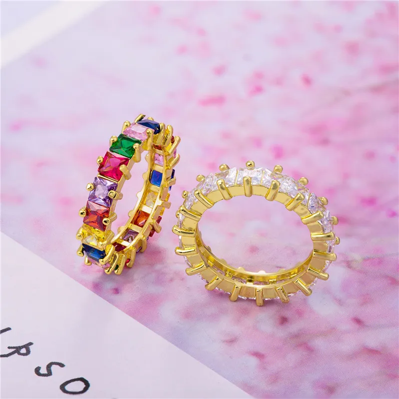 2021 Fashion Baguette Cubic Zirconia Colorful Eternity Pink Sapphire Ring For Women