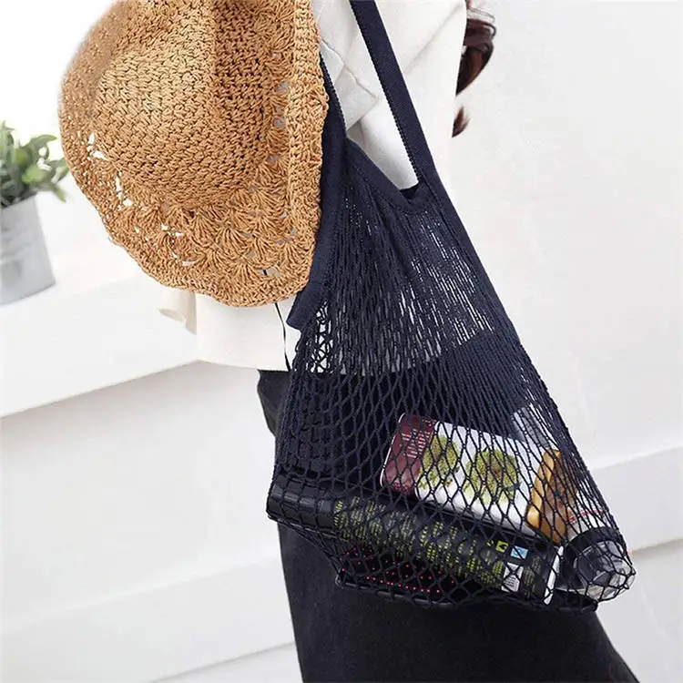 Eco Friendly Organic Cotton Reusable Grocery Net Shopping Bag With Custom Logo Printed