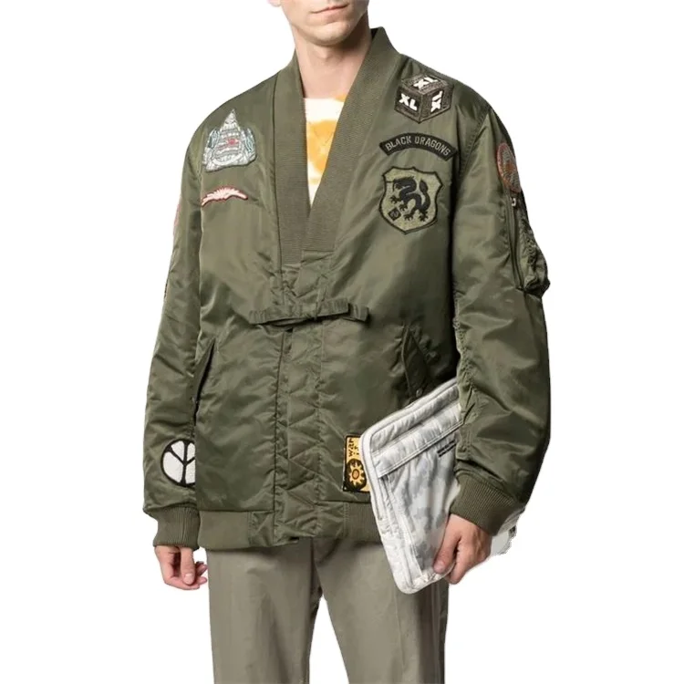 OEM custom patchwork details of aviator patchwork patch bomber varsity flight jacket for men