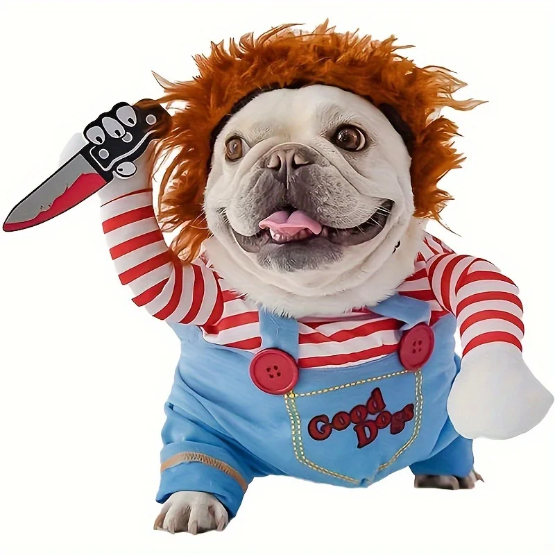 Halloween Transformed Pet Apparel and Wig Funny Bloody Doll With Knife Dog Costume for Holiday Party Pet Supplies