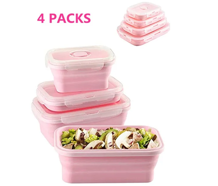 Set of 4 BPA Free Airtight Plastic Lids Small and Large Collapsible Meal Prep Container Silicone Food Storage Containers