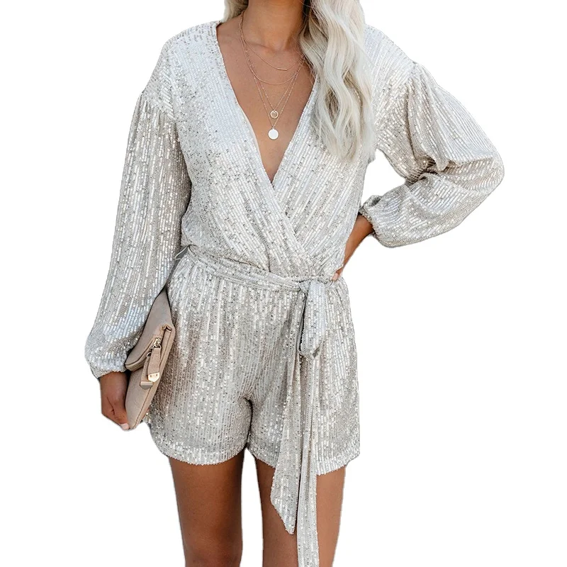 Women Sequins Loose Playsuit Sexy V-neck Lace-up Long Sleeves Casual Shorts Jumpsuit Fashion Female Short Rompers