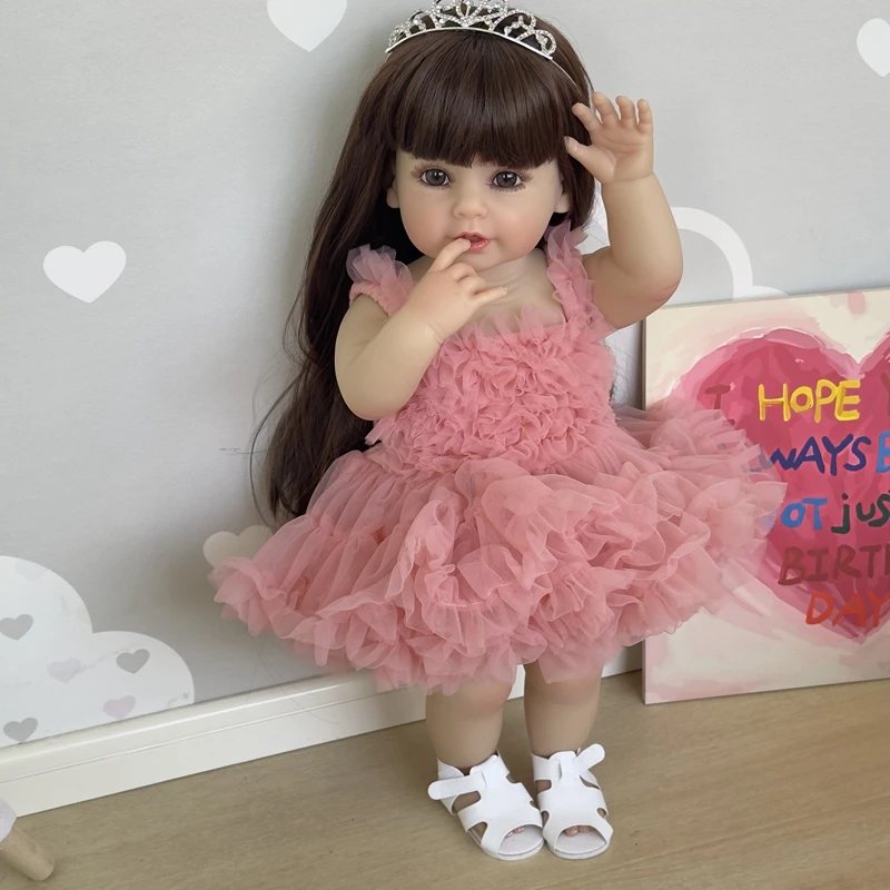 NPK 55CM full body soft silicone vinyl Reborn Stand Toddler Girl Doll lifelike Really Baby Doll with Pink Dress doll toys