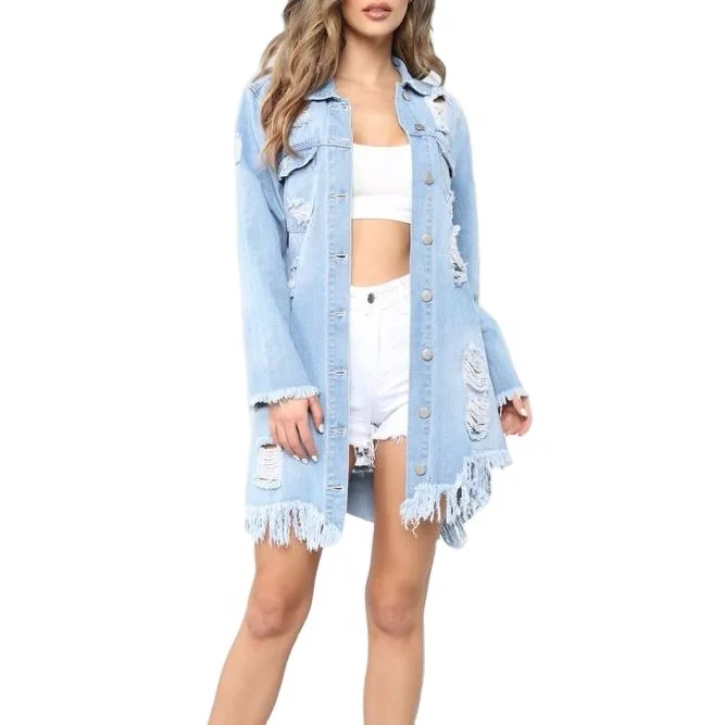 KY Buttons For Clothing Denim Jacket Women Wash Distressed Long Sleeve Dresses Knee Length