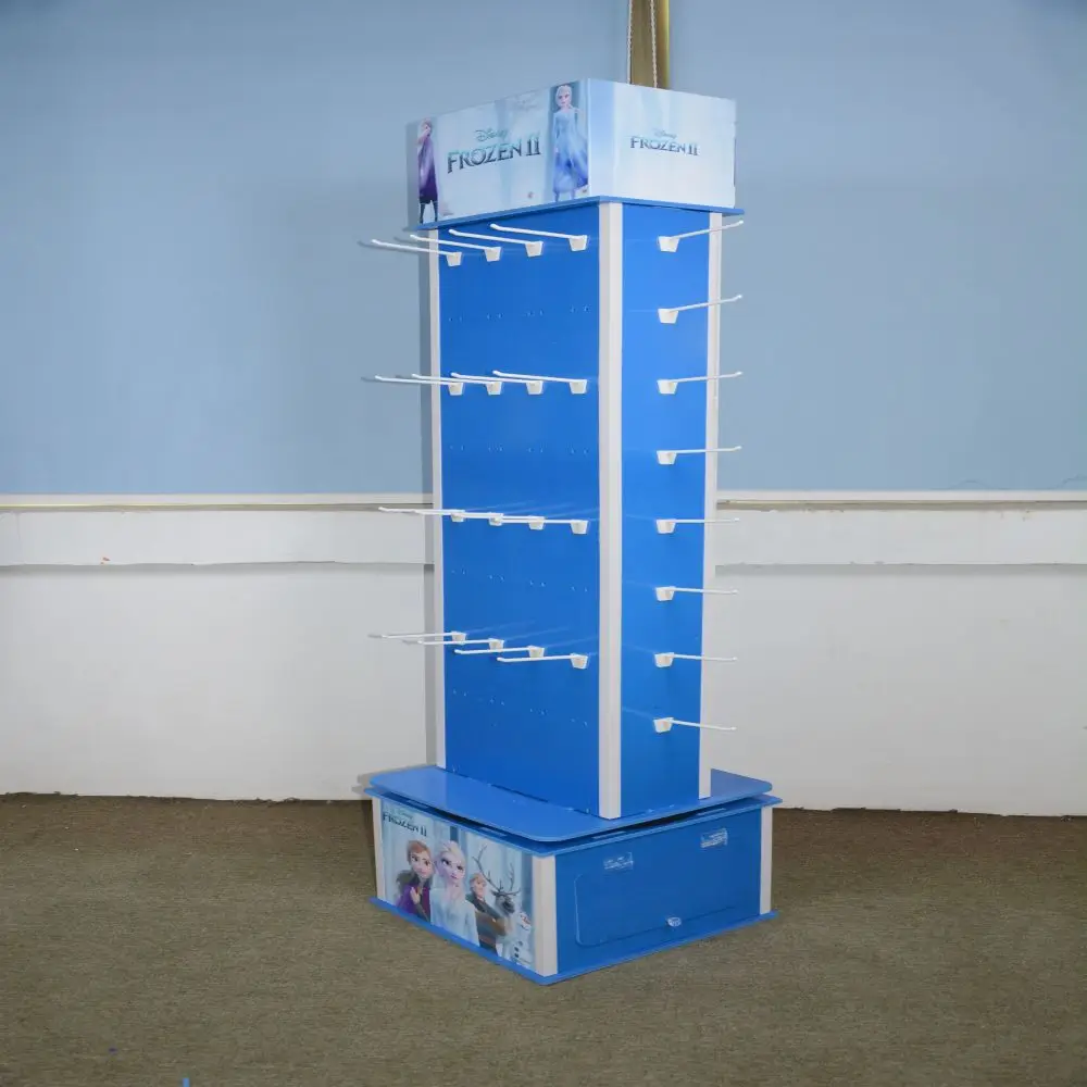 Professional Service Customized Cardboard Pegboard Rotating Display 4 Sides Floor Display Stand With Hook