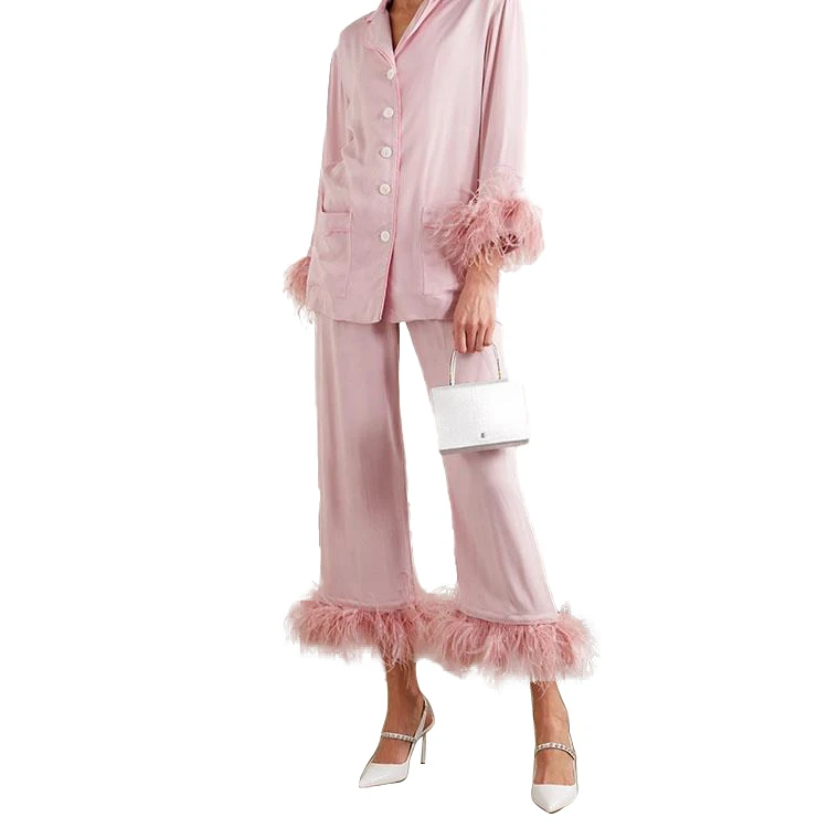 High Quality Fashion Design Long Sleeve Feather Sleep Wear Set Rayon Loungewear Ostrich Feather Pajamas Set Sleepwear Women