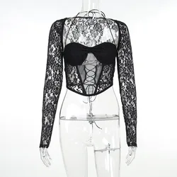 PDEP 2023 spring and  autumn Neck Lace Long Sleeve Mesh Top High Waist Sexy Micro-transparent Straight Pants 2 piece set women