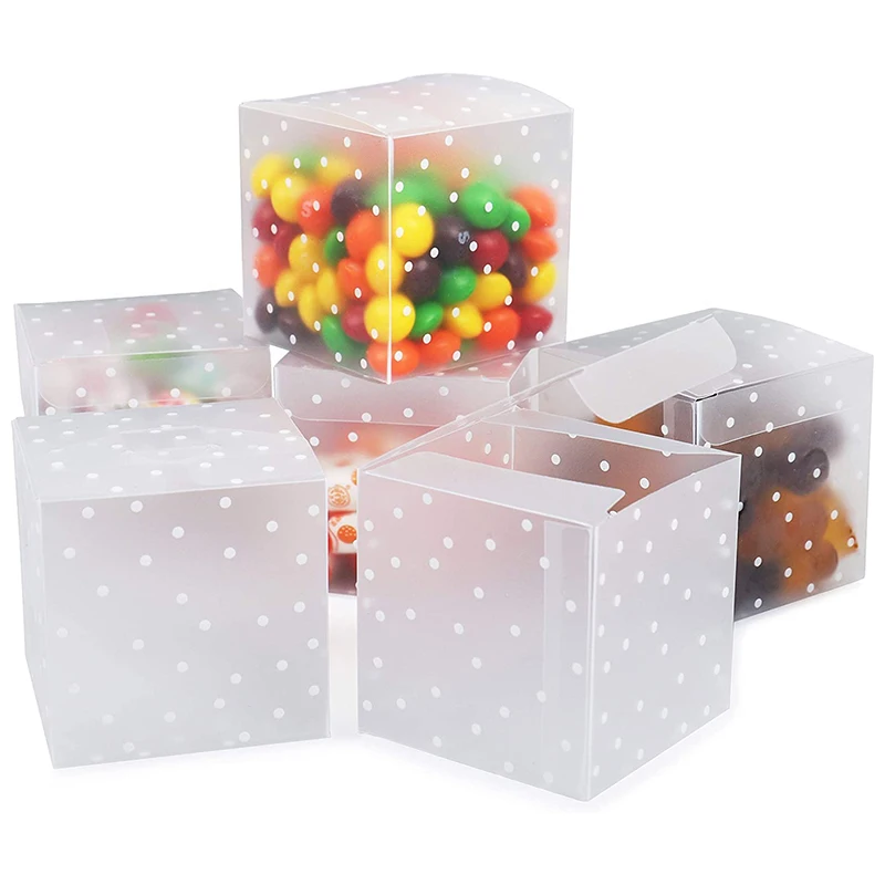 Small Clear PVC Plastic Cube Box Wedding Favor Sweet Chocolate Candy Packaging Gift Box With White Polka Dot