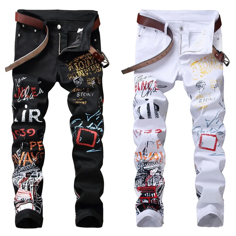 
New Men hip hop printed Slim Straight Jeans Man Streetwear Casual Cotton Jogger Denim trousers 