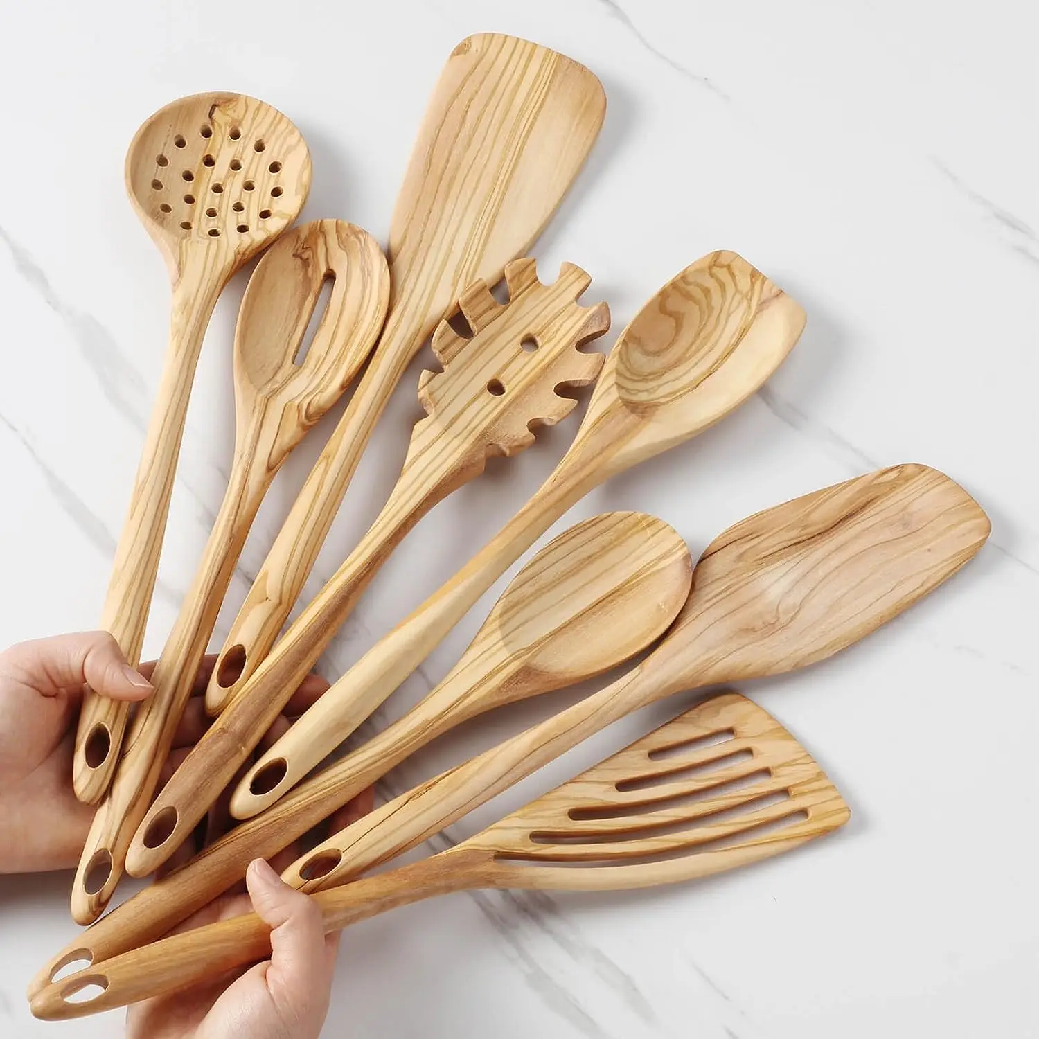 Olive Wood Utensis Set-8 PCS Natural Olive Wood Kitchen Cooking Tools with Fat Spatula