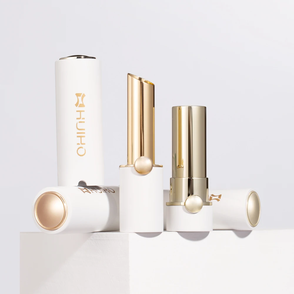 HUIHO Wholesale Price Private Label White Gold Elegant Cosmetic Lipstick Packaging Container Empty Aluminum Metal Lipstick Tube