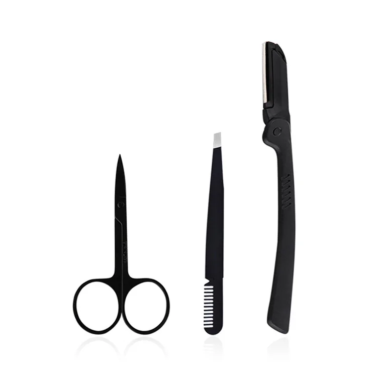 FOCSTAR 3 in 1 Black Eyebrow Razor Scissors Tweezers Set Eyebrow Grooming Kit (BT9006)
