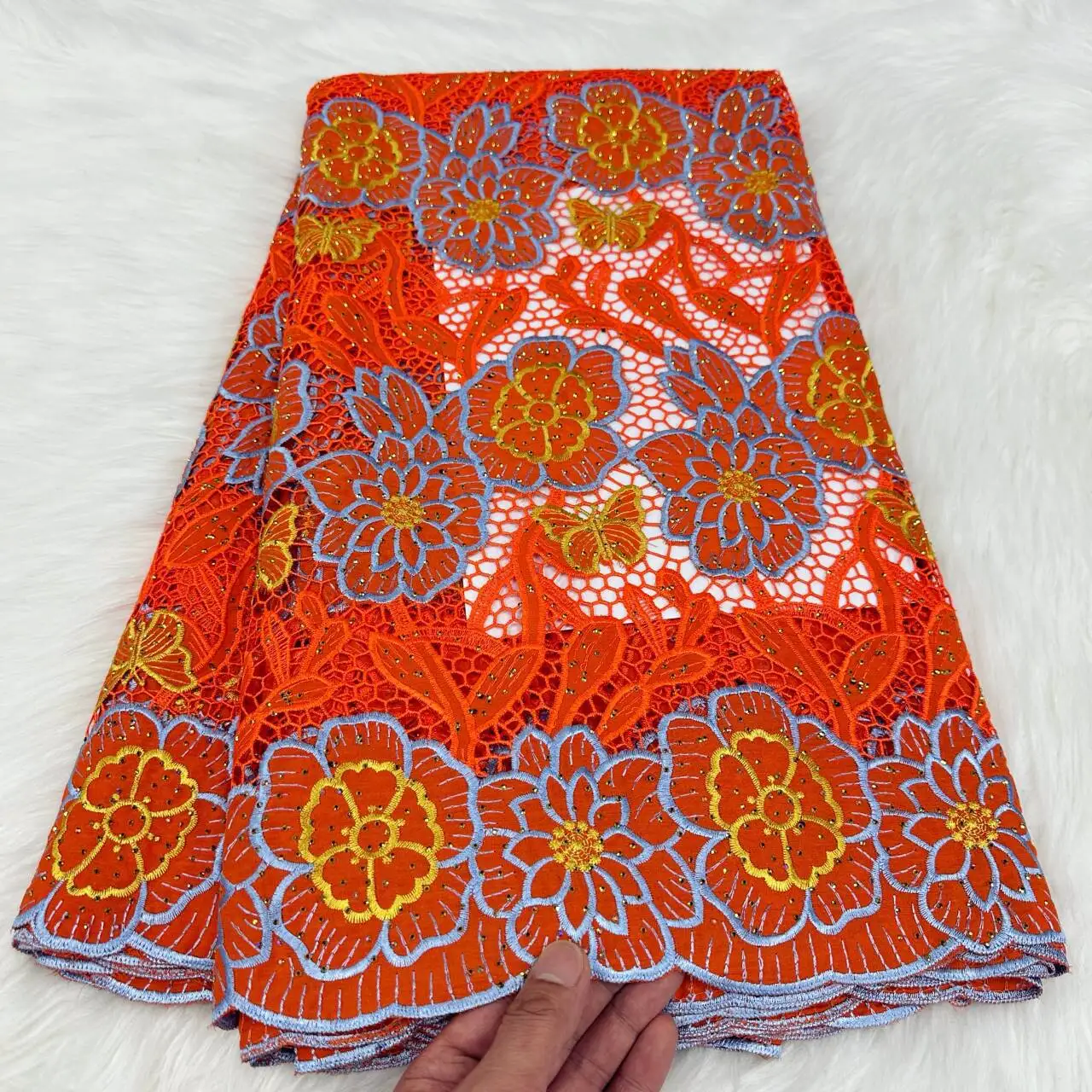 New Trend Soft African Guipure Cord Lace Fabric  with Rhinestones embroidered floral patterns soft cord lace for party in summer