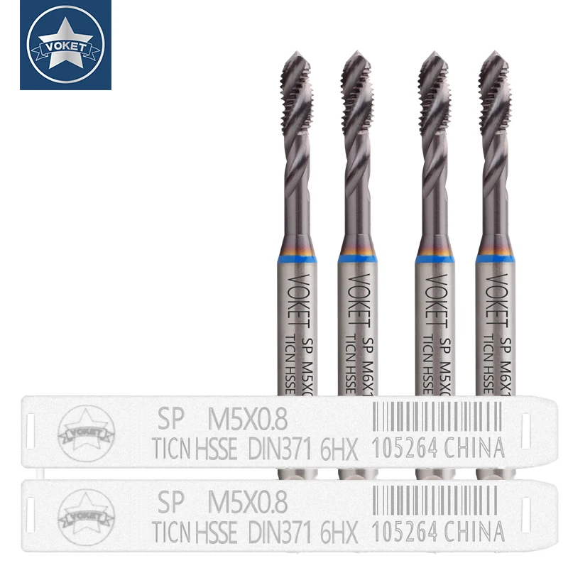 VOKET HSSE Blue Ring With TICN DIN 371 376 Standard Thread Spiral Fluted Tap M2 M3 M4 M5 M6 M8 M10 M12 Machine Threading Taps
